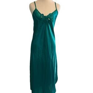 Vintage 90s Emerald Green Satin Nightie Babydoll Nightgown Long Maxi Womens M
